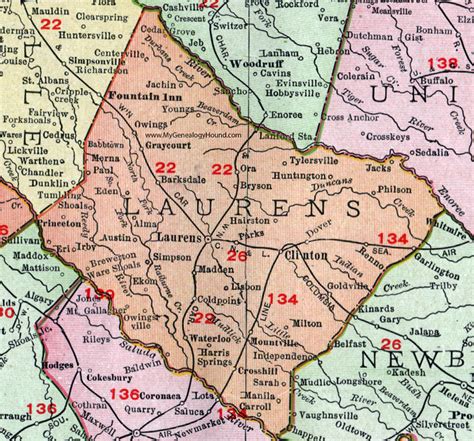 Laurens County, South Carolina, 1911, Map, Rand McNally, Laurens City ...