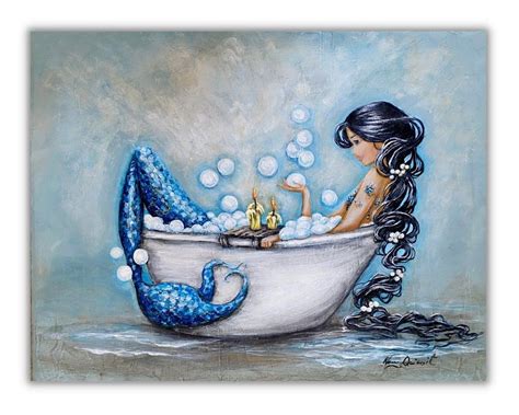 a painting of a mermaid sitting in a bathtub with bubbles