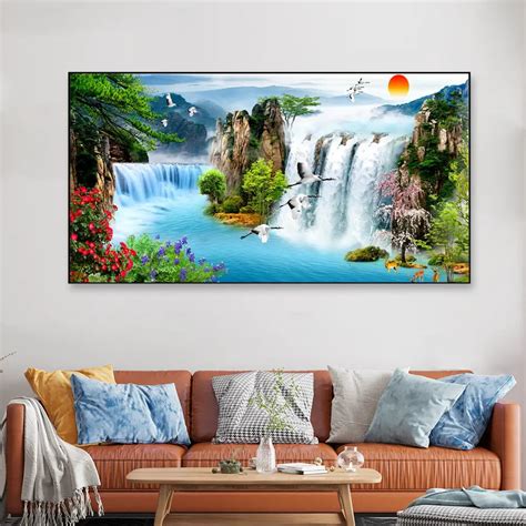 Big Panoramic Sunset Waterfall River Scenery Canvas Painting - WallMantra