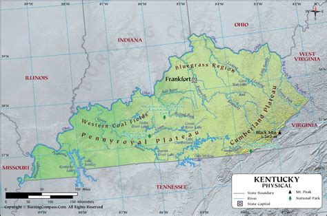 Kentucky Physical Map showing Geographical / Physical Features with ...