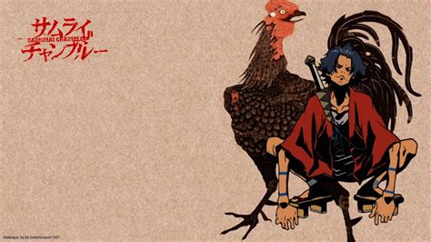 an anime character sitting on the ground next to a rooster and another ...