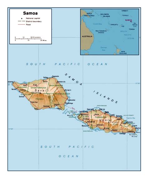 Detailed political and administrative map of Samoa with relief, roads ...