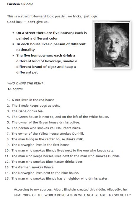 Printable Einstein Riddles - Printable Word Searches