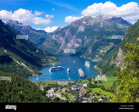 Geirangerfjord, Norway. View over the town of Geiranger and ...