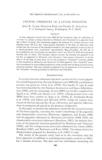 CRYSTAL CHEMISTRY OF A LUNAR PIGEONITE JoaN R. Clanx ...