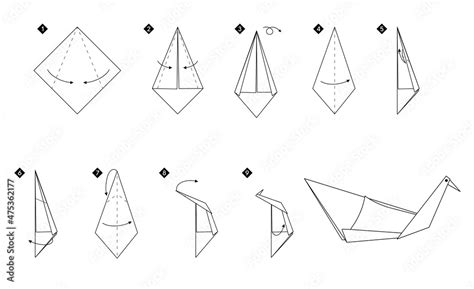 Step by step instructions how to make origami swan. Simple monochrome ...