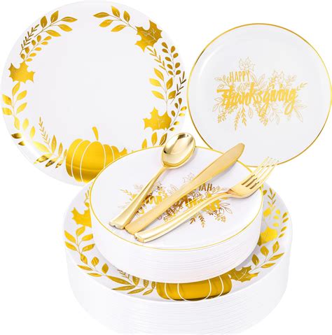 Amazon.com: Hioasis 175pcs Thanksgiving Plastic Plates - White and Gold ...