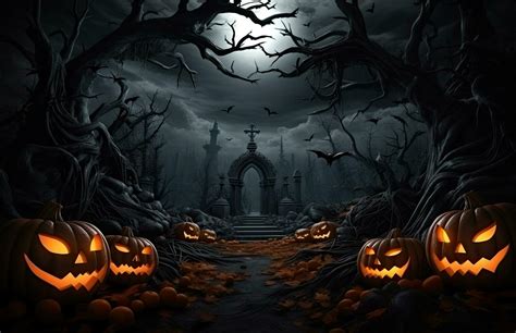 Spooky background for Halloween with twisted trees, Jack o lanterns and ...