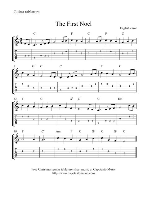 Free Christmas guitar tablature sheet music - The First Noel