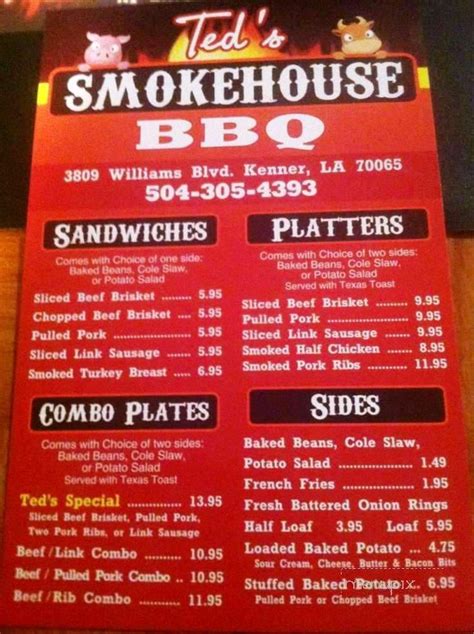 Menu of Ted's Smokehouse BBQ in Kenner, LA 70065