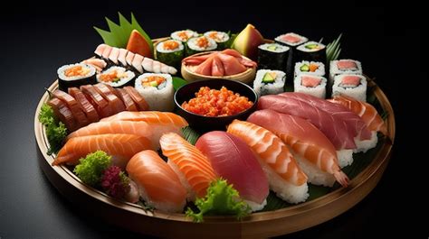 Premium AI Image | A platter of sushi with a variety of different types ...