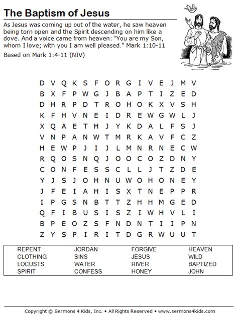 The Baptism of Jesus Word Search | Sermons4Kids