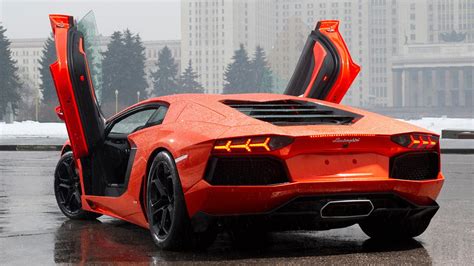 Orange Lamborghini Aventador in the rain HD desktop wallpaper ...