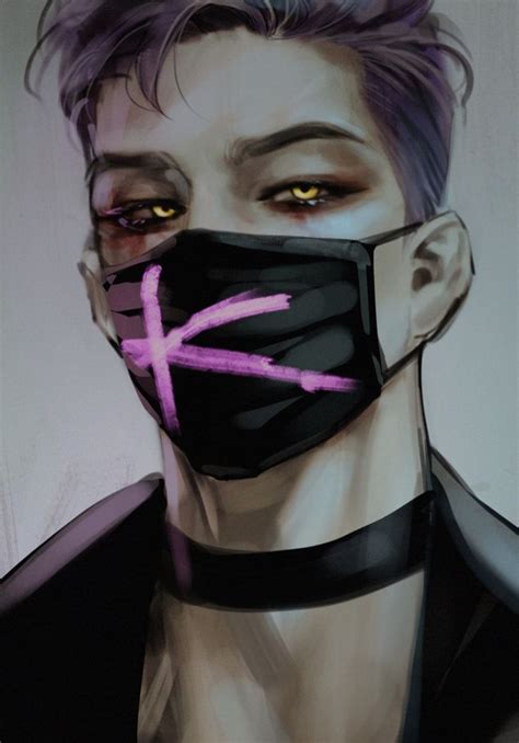 a painting of a man wearing a black mask with pink crosses painted on ...