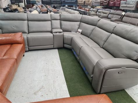 Ex display real leather grey electric reclining corner sofa with cup ...