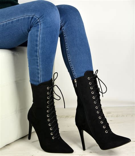 New Womens Ladies High Top Lace Up Ankle Boots Stiletto High Heels Zip ...