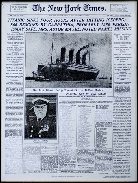 RMS Titanic Sinks New York Times Newspaper Front Page Headline - 17 ...