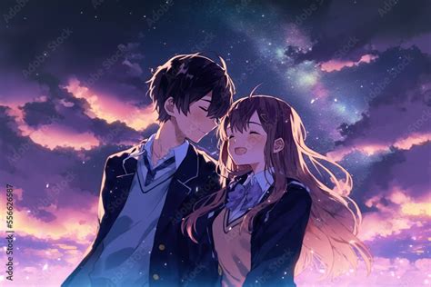 ภาพประกอบสต็อก Cute couple in love. Romantic wallpaper. Anime style ...