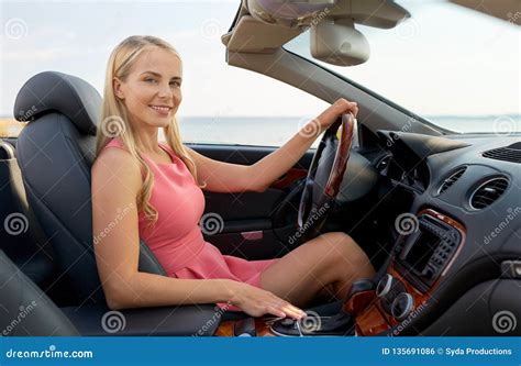 Happy Young Woman Driving Convertible Car Stock Photo - Image of drive ...