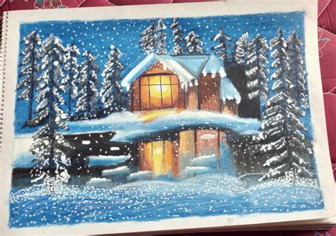 snowfall night scenery oilpastel art - sanjana kumari - Paintings ...