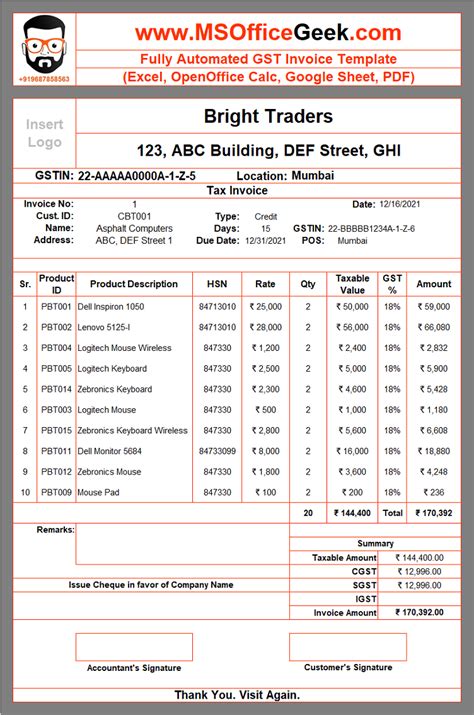 Ready-to-use Fully Automated GST Invoice Template - MSOfficeGeek