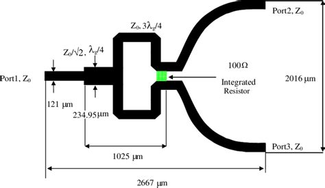 Layout dimensions of the modified Wilkinson power divider. | Download ...