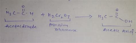 What is the action of acidified potassium dichromate on acetaldehyde?