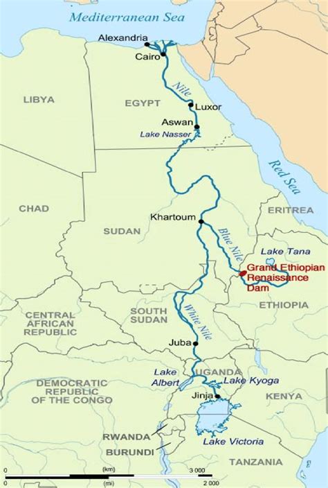 Map showing the Nile River with its main branches, White and Blue ...