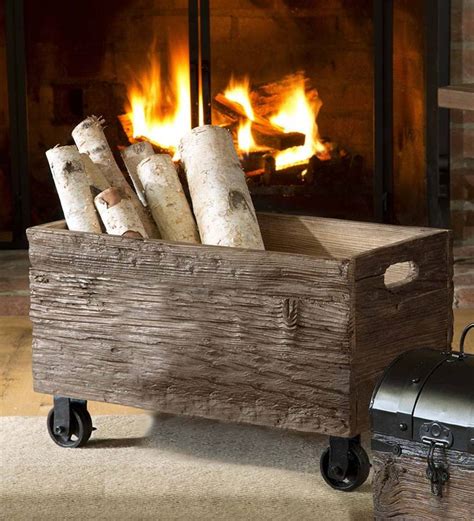 Recycled Wooden Storage Box with Wheels | PlowHearth | Firewood storage ...