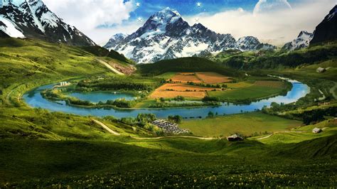 Landscape View Of White Covered Mountains River Between Green Grass ...