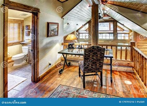 A Log Cabin Loft Room, with a View. Stock Photo - Image of estate ...