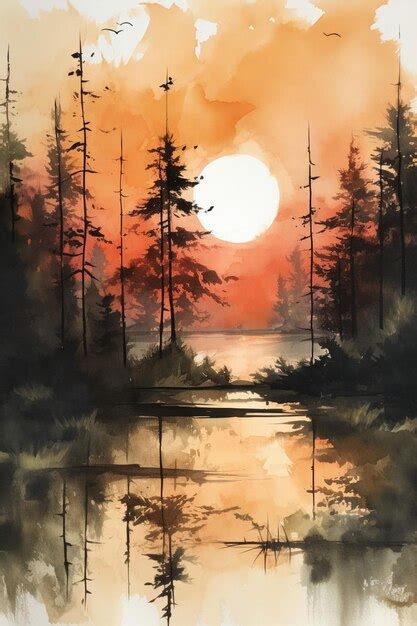 Premium AI Image | A painting of a forest with a sunset in the background.