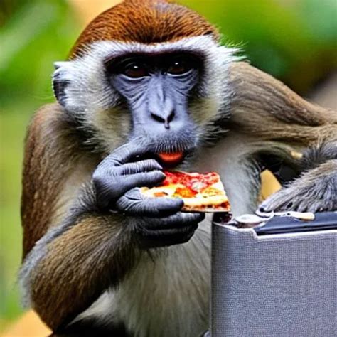 a monkey eating pizza while taking a photo