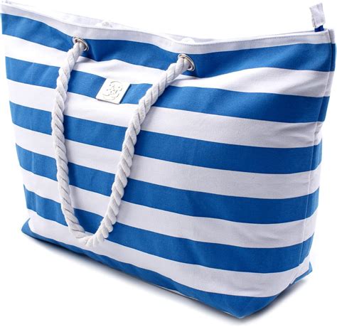 Large Canvas Striped Beach Bag - Top Zipper Closure - Waterproof Lining ...