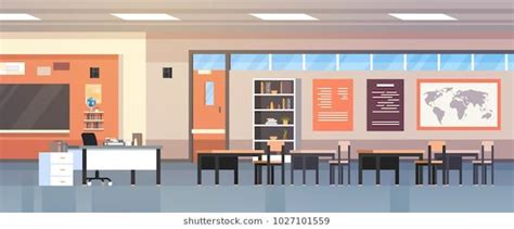 Classroom Interior Empty Modern School Class With Chalk Board And Desks ...