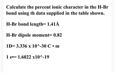 Solved Calculate the percent ionic character in the H-Br | Chegg.com