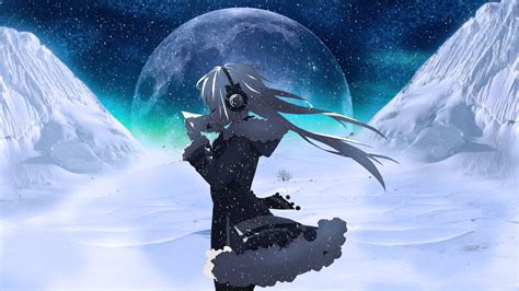 moon, Headphones, Snow, Night, Anime Girls Wallpapers HD / Desktop and ...