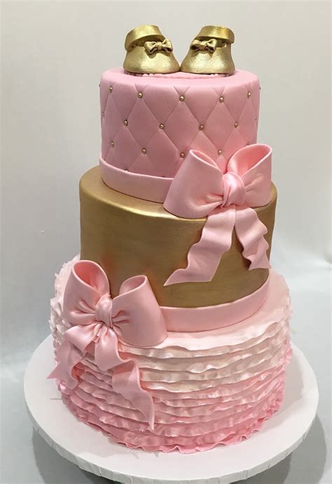 MyMoniCakes: Pink and gold baby shower cakes with ruffled tiers and ...