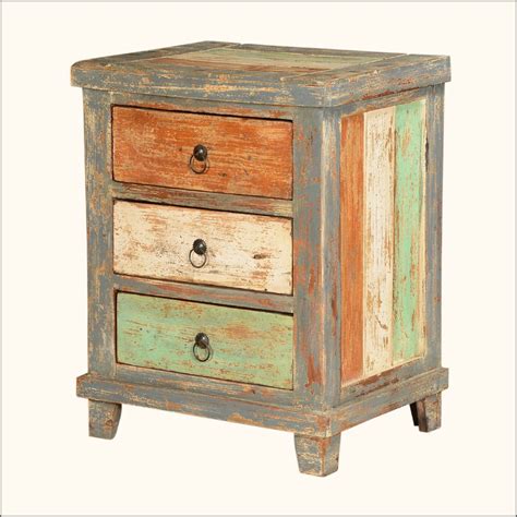 Orange White Green Stripes Mango Wood Rustic Nightstand End Table ...