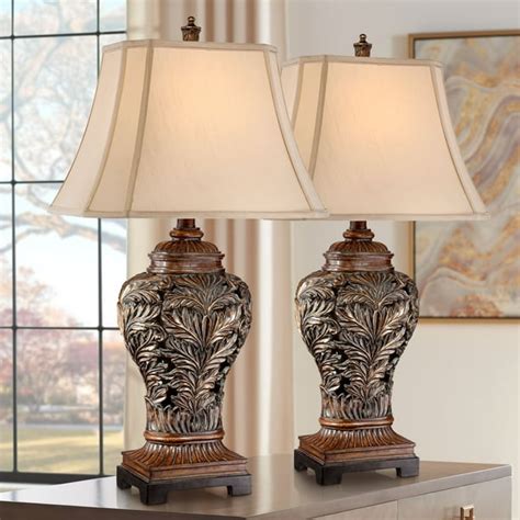 Barnes and Ivy Traditional Table Lamps Set of 2 Bronze Curling Leaves ...