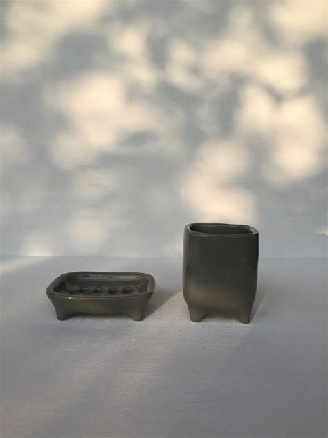 Ceramic Soap Dish and Toothbrush Holder Set / Gray Bathroom - Etsy