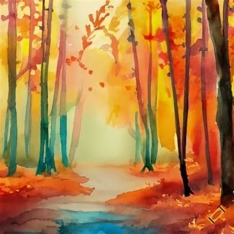 Watercolor of an autumn forest