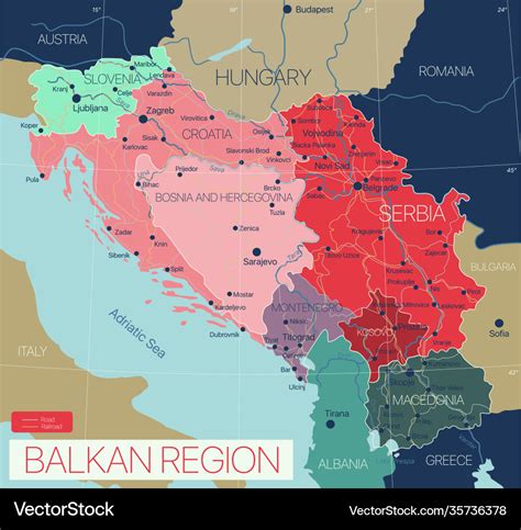 Balkan region detailed editable map Royalty Free Vector