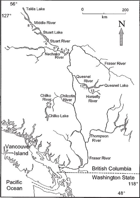 Map of the Fraser River watershed, British Columbia, Canada. Asterisks ...