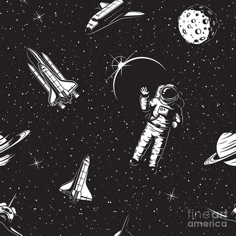 Space Seamless Pattern Black And White Digital Art by Vectorpot - Pixels