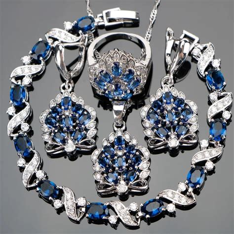 Silver 925 Blue Zircon Jewelry Sets Women Wedding Jewellery With Stones ...