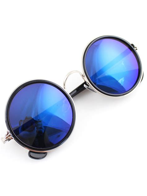 Silver Rim Blue Round Sunglasses -SheIn(Sheinside)