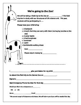 Zoo Field Trip Permission Slip Template