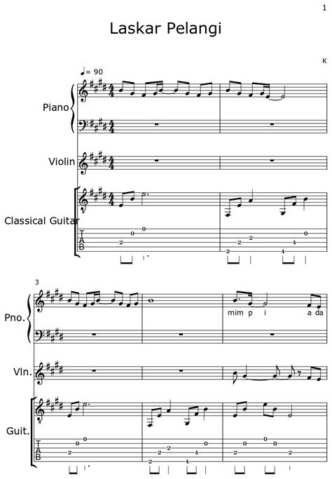 Laskar Pelangi - Sheet music for Piano, Violin, Classical Guitar