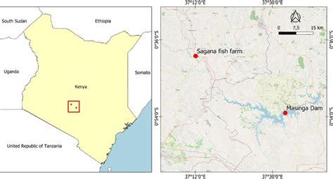 Map of Kenya showing Sagana fish farm and Masinga Dam, Kenya | Download ...